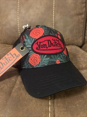 Von Dutch Black Cap with Red Rose Patch